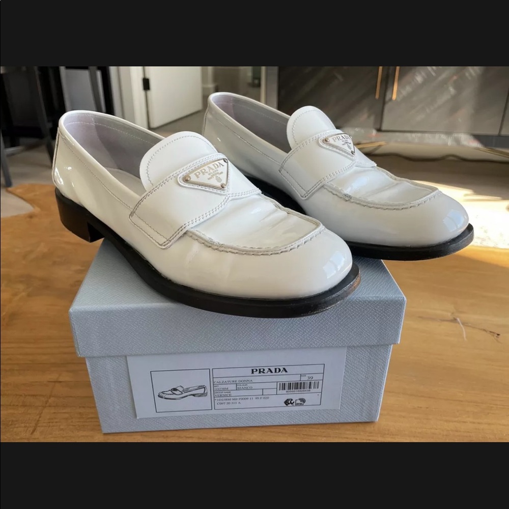 White Patent Leather Prada Loafers 100% AUTH, EUC with Box.
